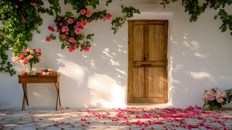 被鲜花围绕的民宿木门