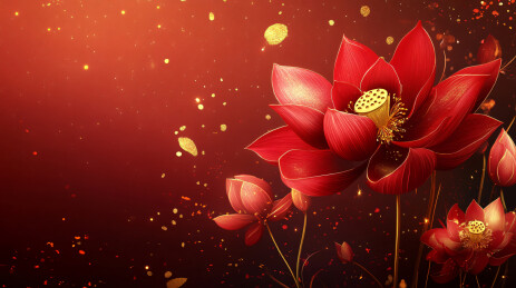 红底金荷喜庆花卉背景
