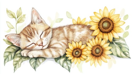 萌猫卧于向日葵间图