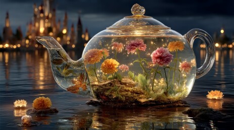 梦幻玻璃的金色花纹茶壶