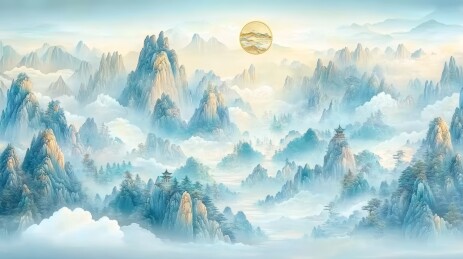 蓝金山川云海壮丽图景