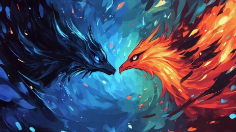 狼凤对峙火焰奇幻场景