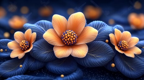 橙花蓝底立体精致花卉
