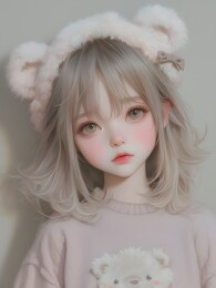 戴毛绒耳饰穿小熊毛衣的女孩