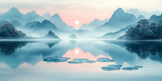 晴日湖泊倒影山水景色