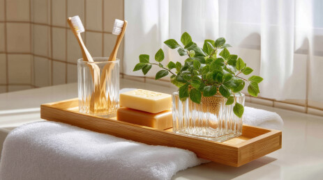 环保竹制牙刷与绿色植物的浴室摆设