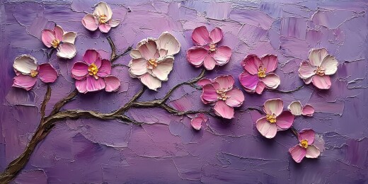 蓝底繁花艺术花卉画作