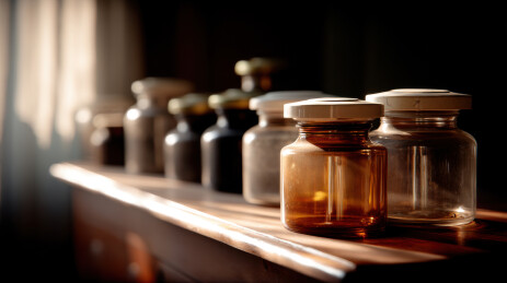 旧药瓶在木制架子上