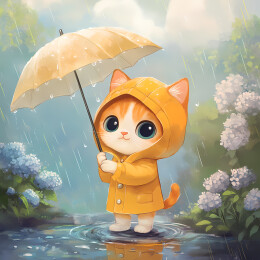 拿着雨伞站在雨中的小猫