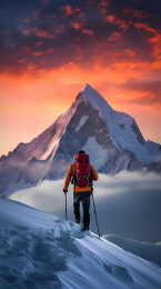 登山者与雪山日落