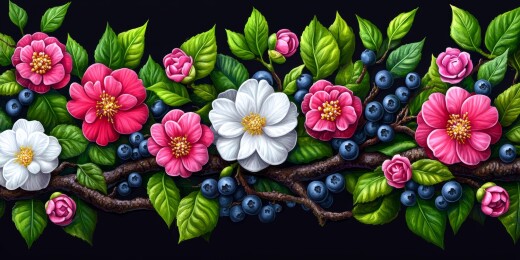 多彩花朵浆果绿叶组合