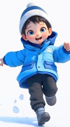 穿着冬装的小男孩在雪地里奔跑