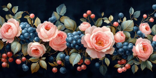 黑底粉花绿叶组合画面