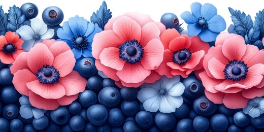 黑底粉花绿叶组合画面