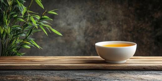 窗边木桌置茶盏配绿植