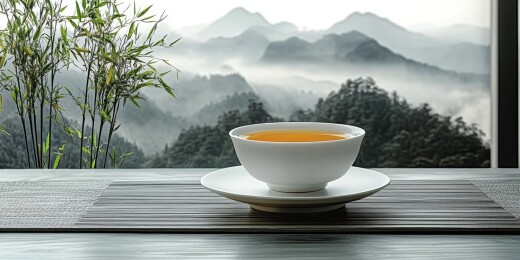 窗边木桌置茶盏配绿植