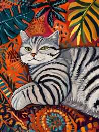 躺卧在热带植物中的斑纹猫