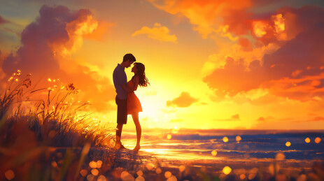 夕阳下一对情侣的剪影