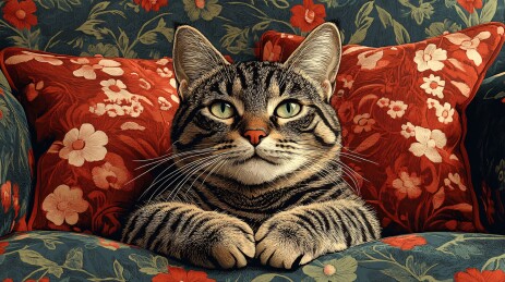 沙发上的花枕狸花猫