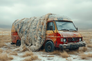 荒野中被布覆盖的老旧面包车