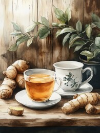 木桌上的姜茶与绿植插画