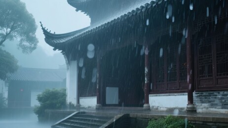 唯美的摄影作品古建筑在雨幕中的珠光如梦如