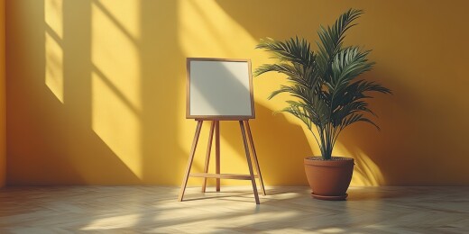 暖黄空间画架绿植组合图