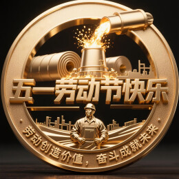 3D立体金色金属质感浮雕建筑-五一劳动节