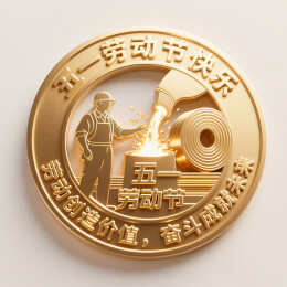 3D立体金色金属质感浮雕建筑-五一劳动节