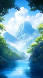 山谷清流风景画