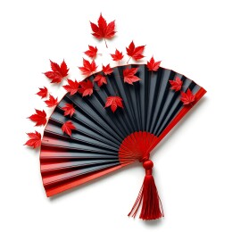 红枫叶与黑红折扇的雅致组合