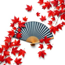折扇旁散落的鲜艳红枫叶