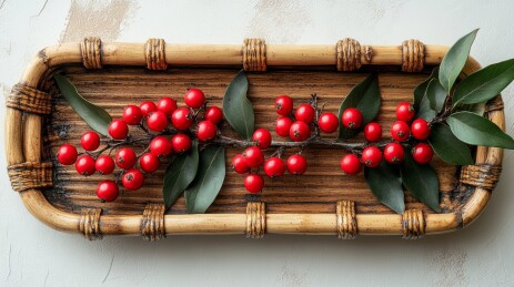 竹盘红果绿叶自然装饰