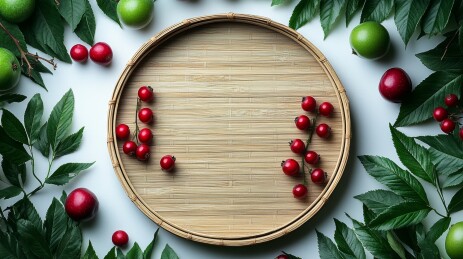 竹盘红果绿叶自然装饰
