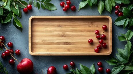 竹盘红果绿叶自然装饰