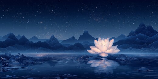 蓝底白荷中式典雅图案