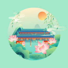 国风立夏节气东莞城市建筑矢量插画