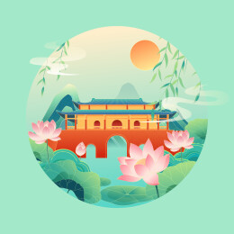 国风立夏节气东莞城市建筑矢量插画