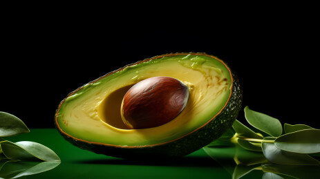 切开的鳄梨与绿叶