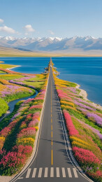 航拍俯瞰碧蓝湖泊河流最美鲜花公路