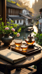在窗边阳光下的江南小镇木桌花拖盘茶壶
