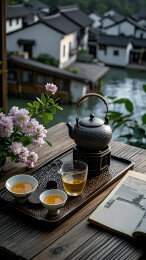 在窗边阳光下的江南小镇木桌花拖盘茶壶