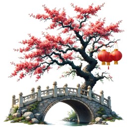 石桥畔繁花树挂红灯笼
