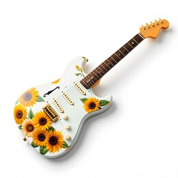 绘有向日葵图案的白色电吉他