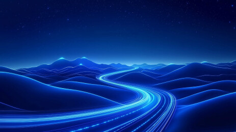 未来景观蓝山霓虹路映渐变夜空
