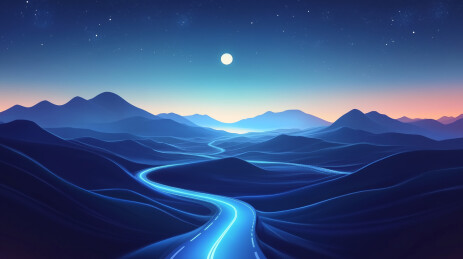 未来景观蓝山霓虹路映渐变夜空