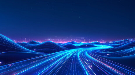 未来景观蓝山霓虹路映渐变夜空