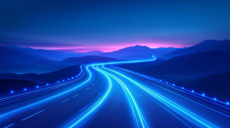 未来景观蓝山霓虹路映渐变夜空