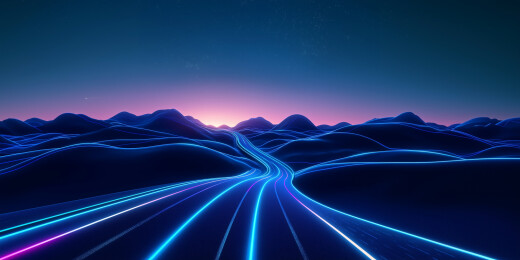 未来景观蓝山霓虹路映渐变夜空