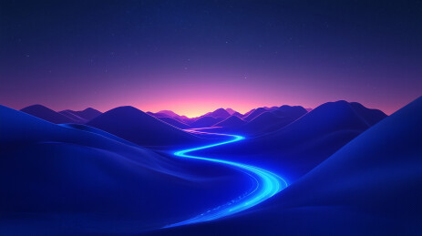 未来景观蓝山霓虹路映渐变夜空